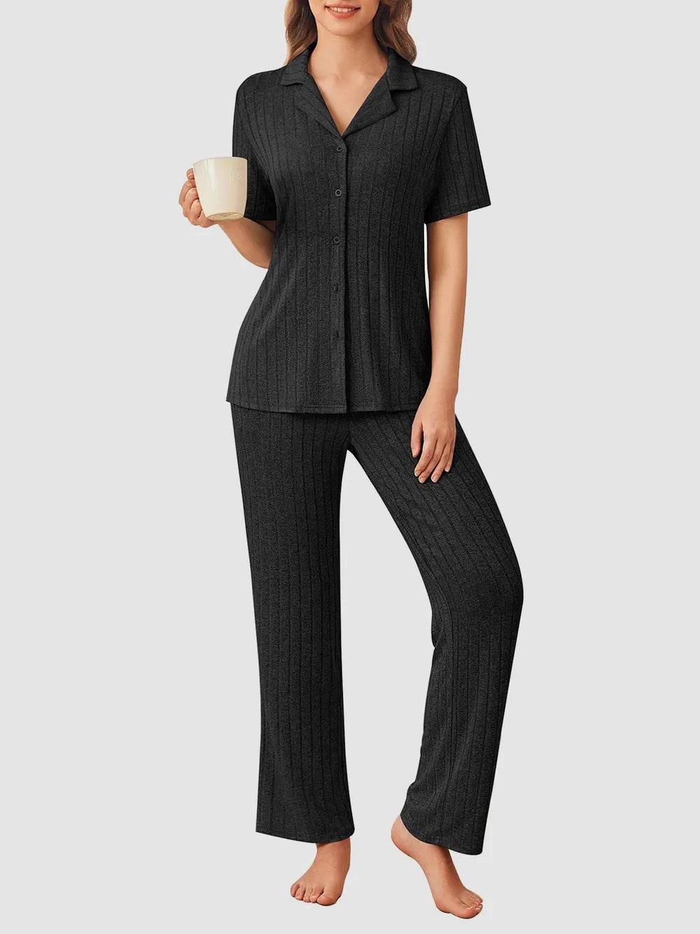 Button Down Long Sleeve Top and Pants Lounge Set - Byyde