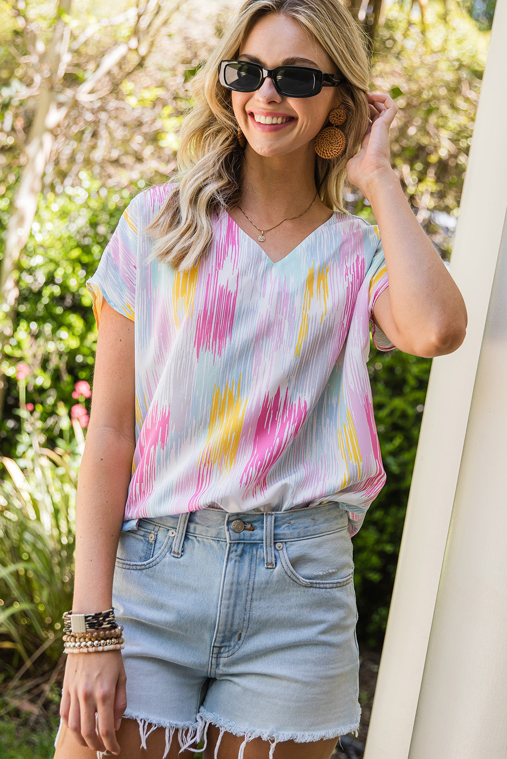 High-Low V-Neck Short Sleeve Blouse - Byyde
