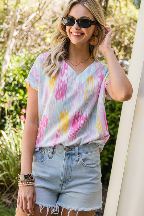 High-Low V-Neck Short Sleeve Blouse - Byyde