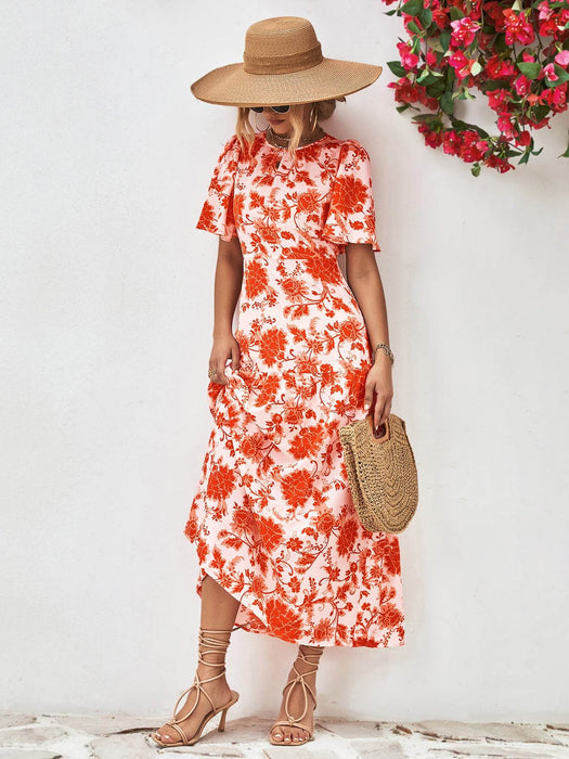 Floral Round Neck Tied Open Back Dress - Byyde