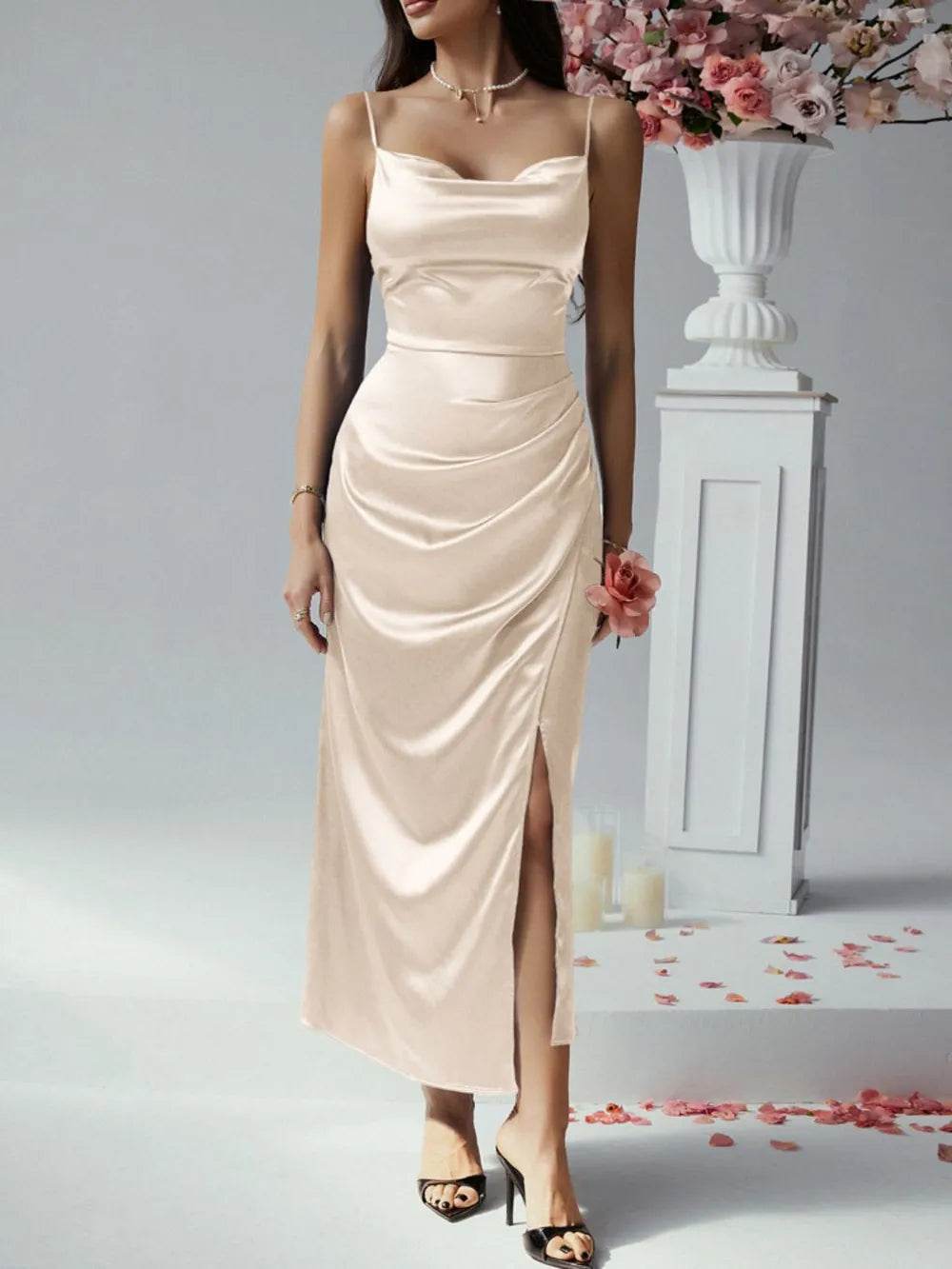 Devine Slit Ruched Maxi Cami Dress - Byyde