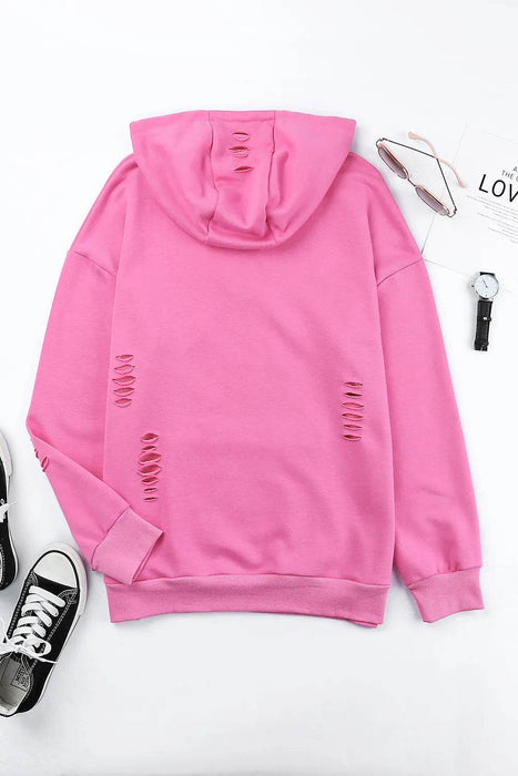Distressed Drawstring Long Sleeve Hoodie - Byyde