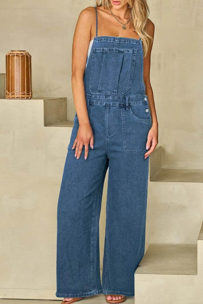 Adjustable Tie Straps Wide Leg Denim Overalls - Byyde