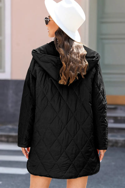 Snap Down Long Sleeve Quilted Winter Coat - Byyde