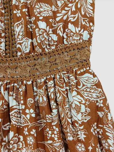 Lace Detail Printed Short Sleeve Midi Dress - Byyde