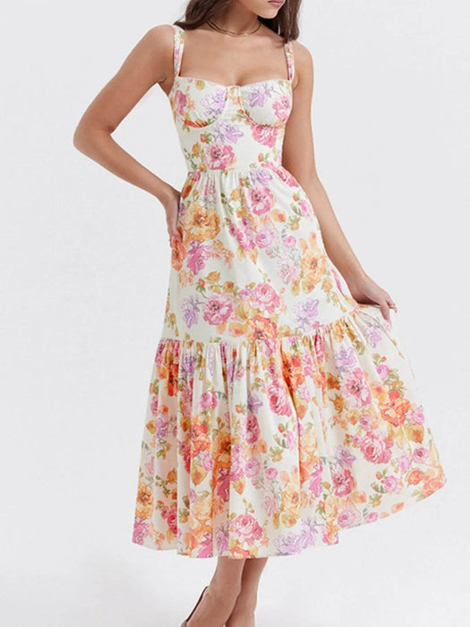 Floral Print Sweetheart Neck Midi Dress - Byyde