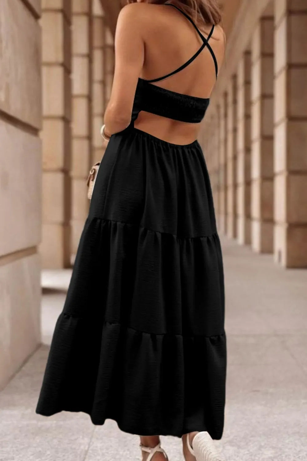 Tiered Crisscross Spaghetti Strap Dress - Byyde