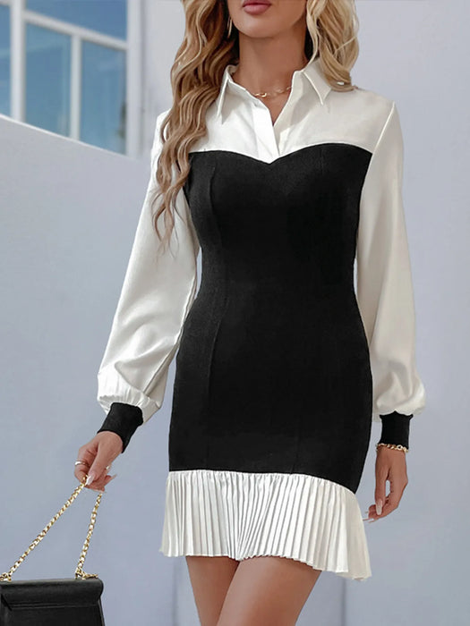 Two Tone Pleated Long Sleeve Shirt Dress - Byyde