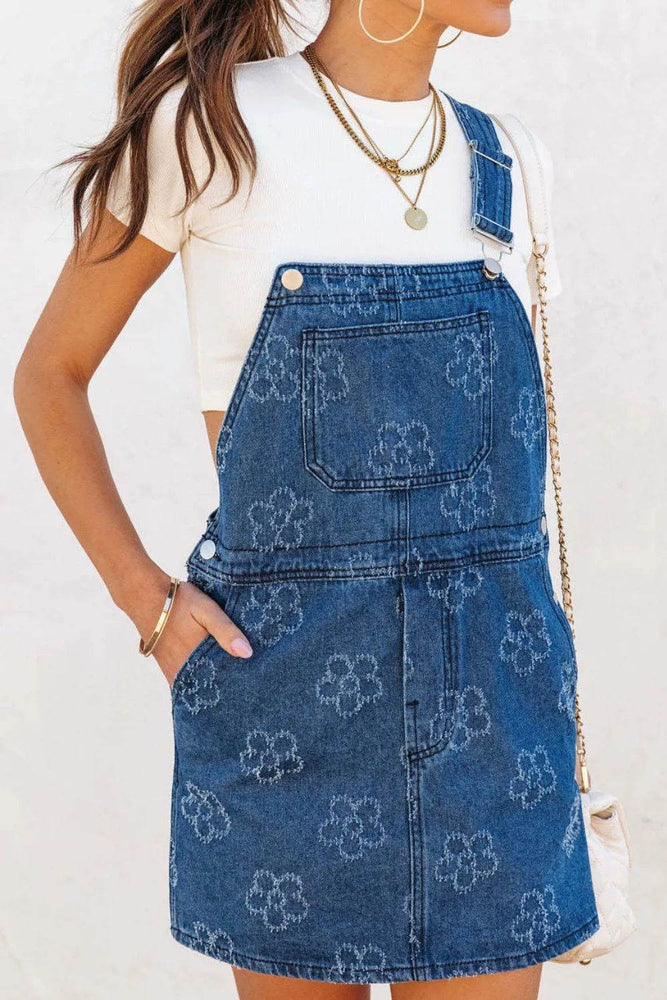 Flower Print Square Neck Denim Overall Dress - Byyde