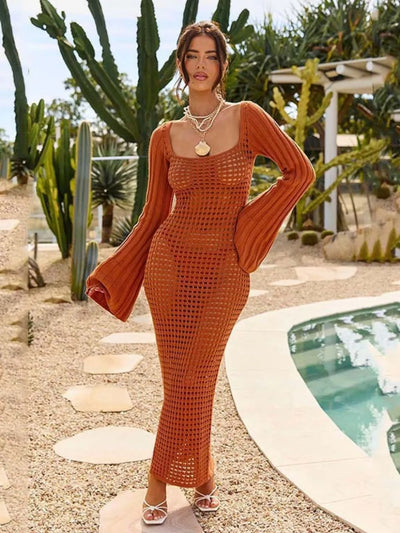 Openwork Square Neck Flare Sleeve Cover-Up Dress - Byyde