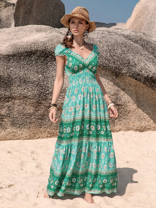 Smocked Printed V-Neck Dress - Byyde