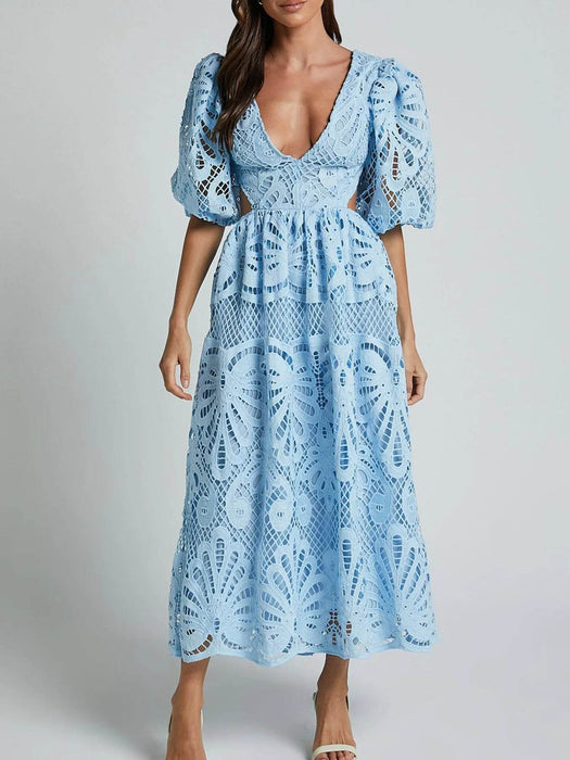 Cutout Back Lace Crochet V-Neck Dress - Byyde