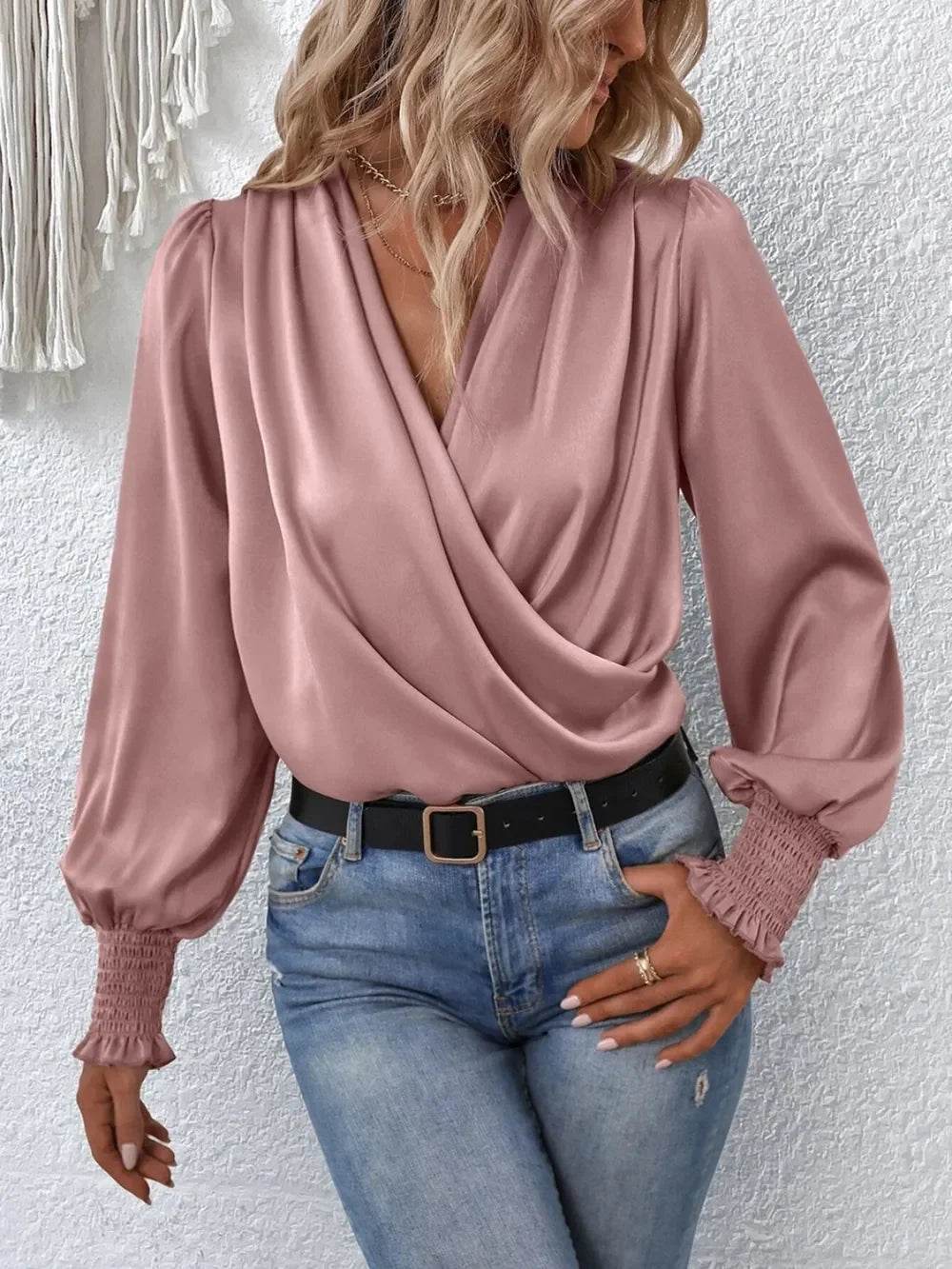 Surplice Smocked Lantern Sleeve Blouse - Byyde