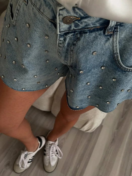 Rhinestone High Waist Denim Shorts - Byyde