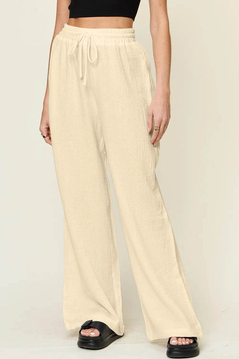 Double Take Full Size Texture Drawstring Wide Leg Pants - Byyde