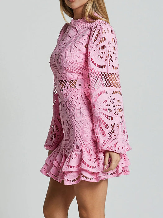 Lace Crochet Long Sleeve Mini Dress - Byyde