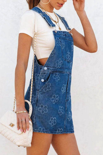 Flower Print Square Neck Denim Overall Dress - Byyde