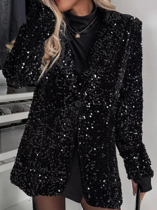 Sequin Lapel Collar Long Sleeve Blazer - Byyde
