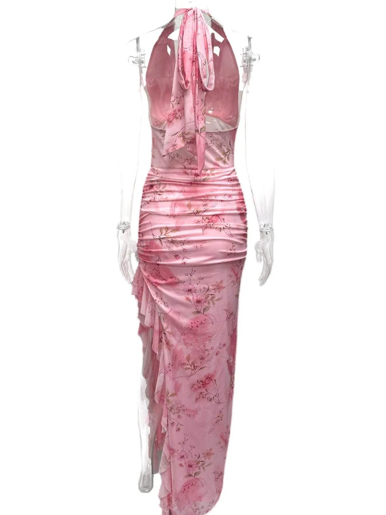 Ruffled Floral Print Halter Neck Cami Dress - Byyde