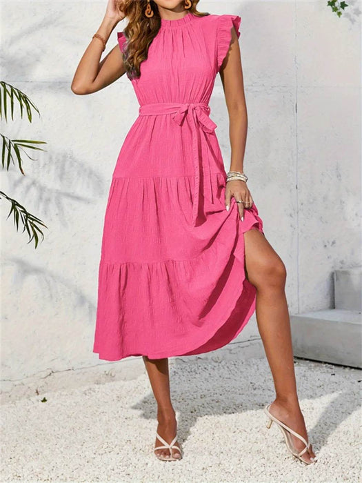 Frill Mock Neck Ruffled Cap Sleeve Midi Dress - Byyde