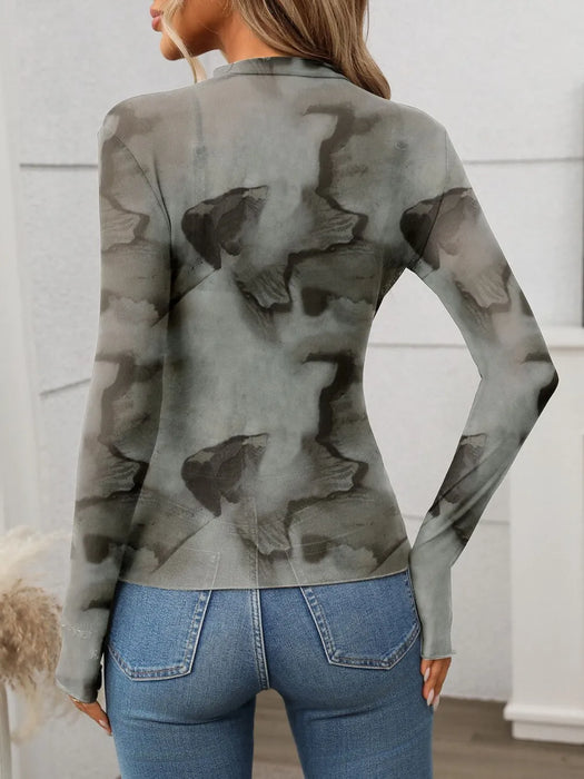Printed Mock Neck Long Sleeve Mesh T-Shirt - Byyde