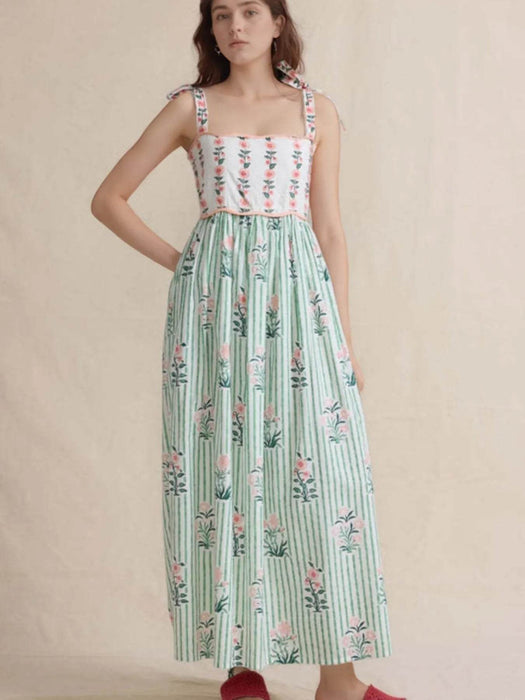 Floral Striped Maxi Cami Dress with Tie Straps - Byyde