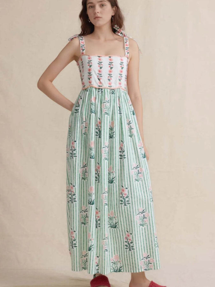 Floral Striped Maxi Cami Dress with Tie Straps - Byyde