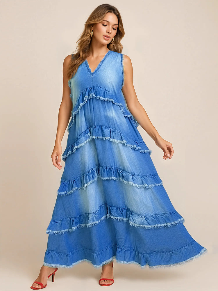 Raw Hem Layered Denim Maxi Dress - Byyde