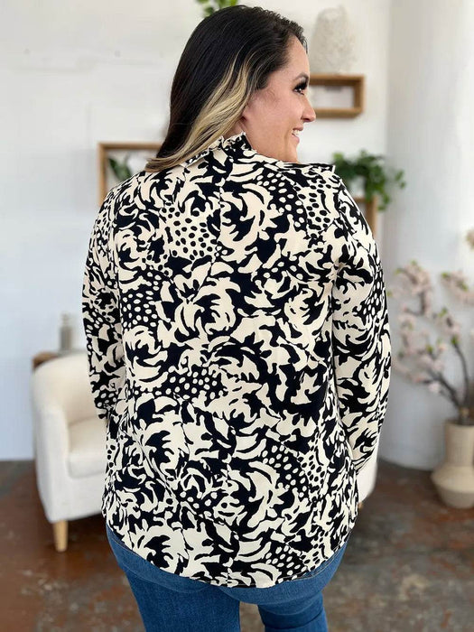 Double Take Full Size Printed Ruffle Trim Balloon Sleeve Shirt - Byyde