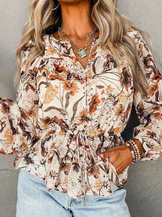 Drawstring Floral Lantern Sleeve Blouse - Byyde