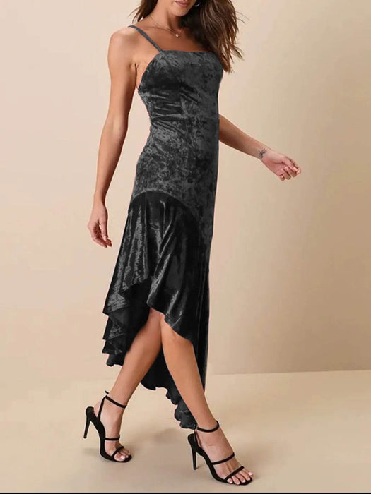 Asymmetrical Velvet Cami Dress with Ruffle Hem - Byyde