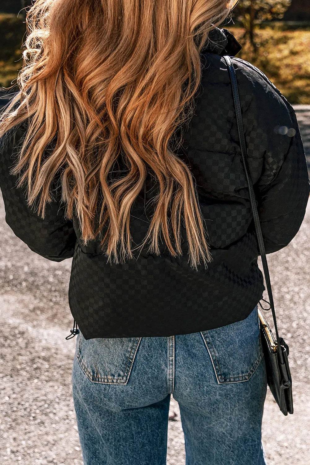 Checkered Turtleneck Zip Up Long Sleeve Winter Coat - Byyde