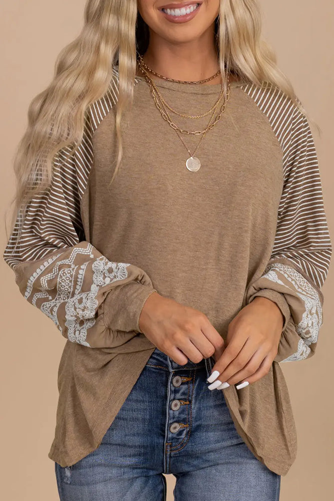 Striped Round Neck Long Sleeve Blouse - Byyde