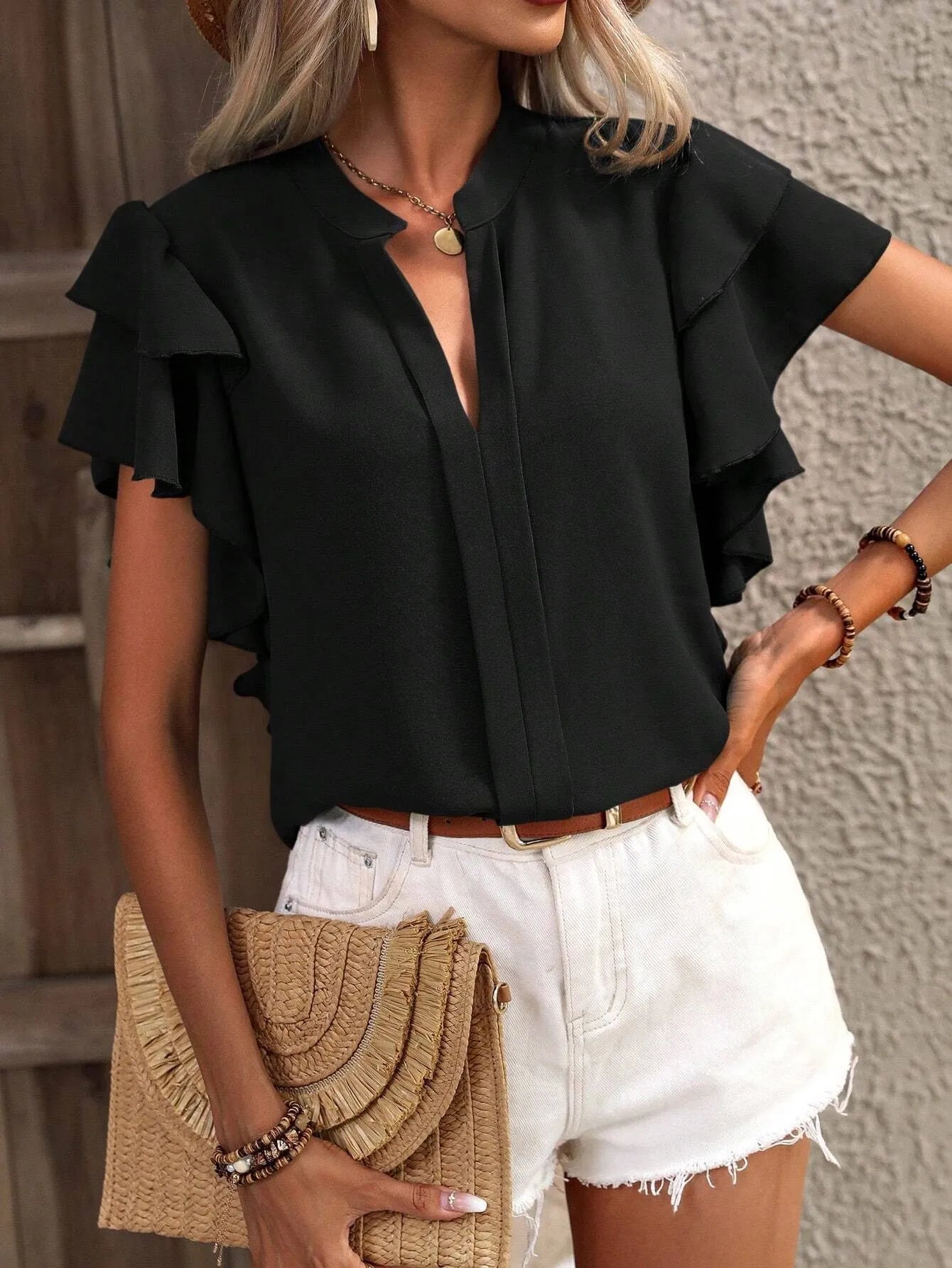 Ruffle Sleeve Notched Blouse - Byyde