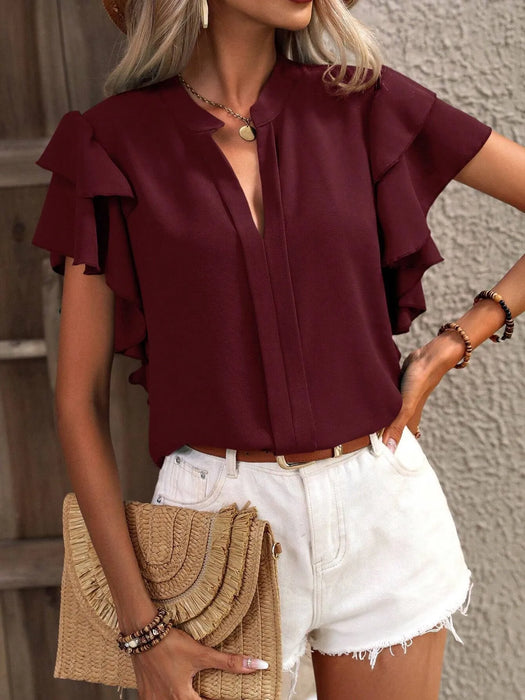 Ruffle Sleeve Notched Blouse - Byyde