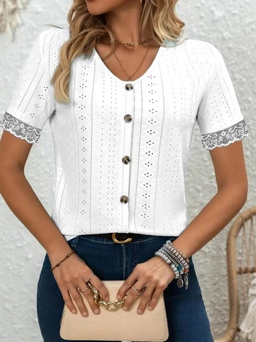 Eyelet Lace Trim Short Sleeve Blouse - Byyde