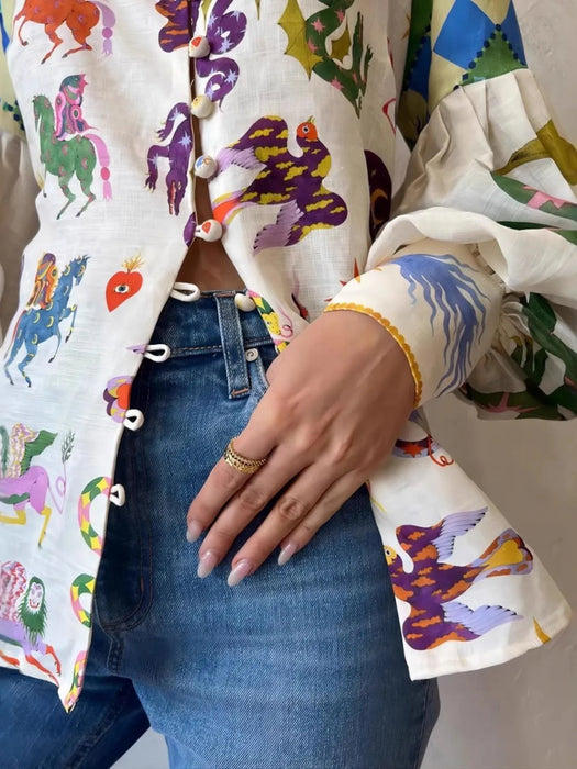 Printed Button Up Lantern Sleeve Shirt - Byyde