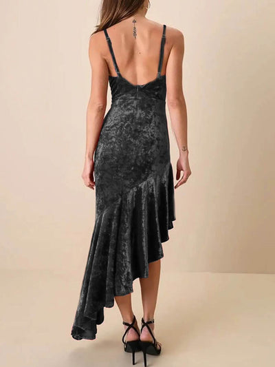 Asymmetrical Velvet Cami Dress with Ruffle Hem - Byyde