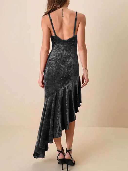 Asymmetrical Velvet Cami Dress with Ruffle Hem - Byyde