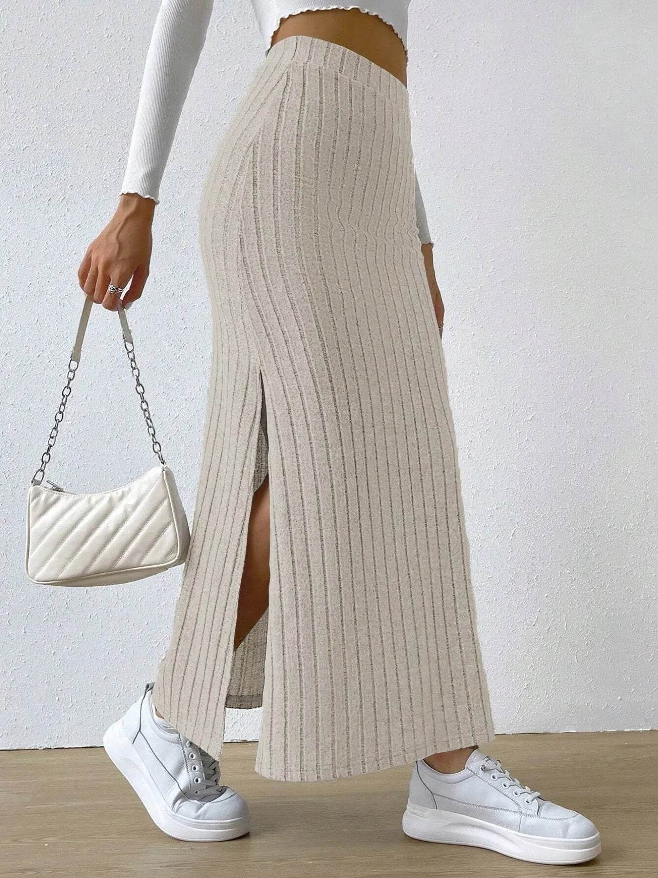 High Waist Ribbed Knit Maxi Skirt - Byyde