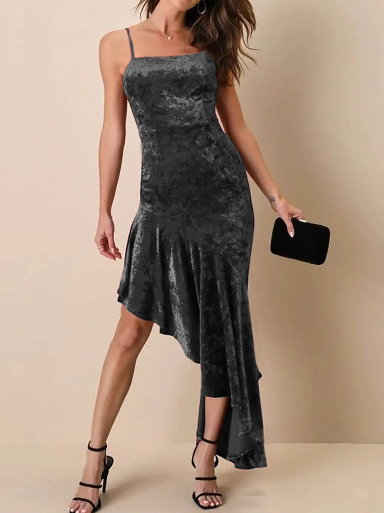 Asymmetrical Velvet Cami Dress with Ruffle Hem - Byyde
