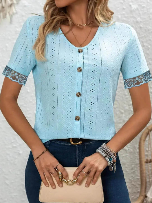 Eyelet Lace Trim Short Sleeve Blouse - Byyde