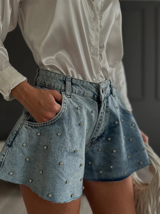 Rhinestone High Waist Denim Shorts - Byyde