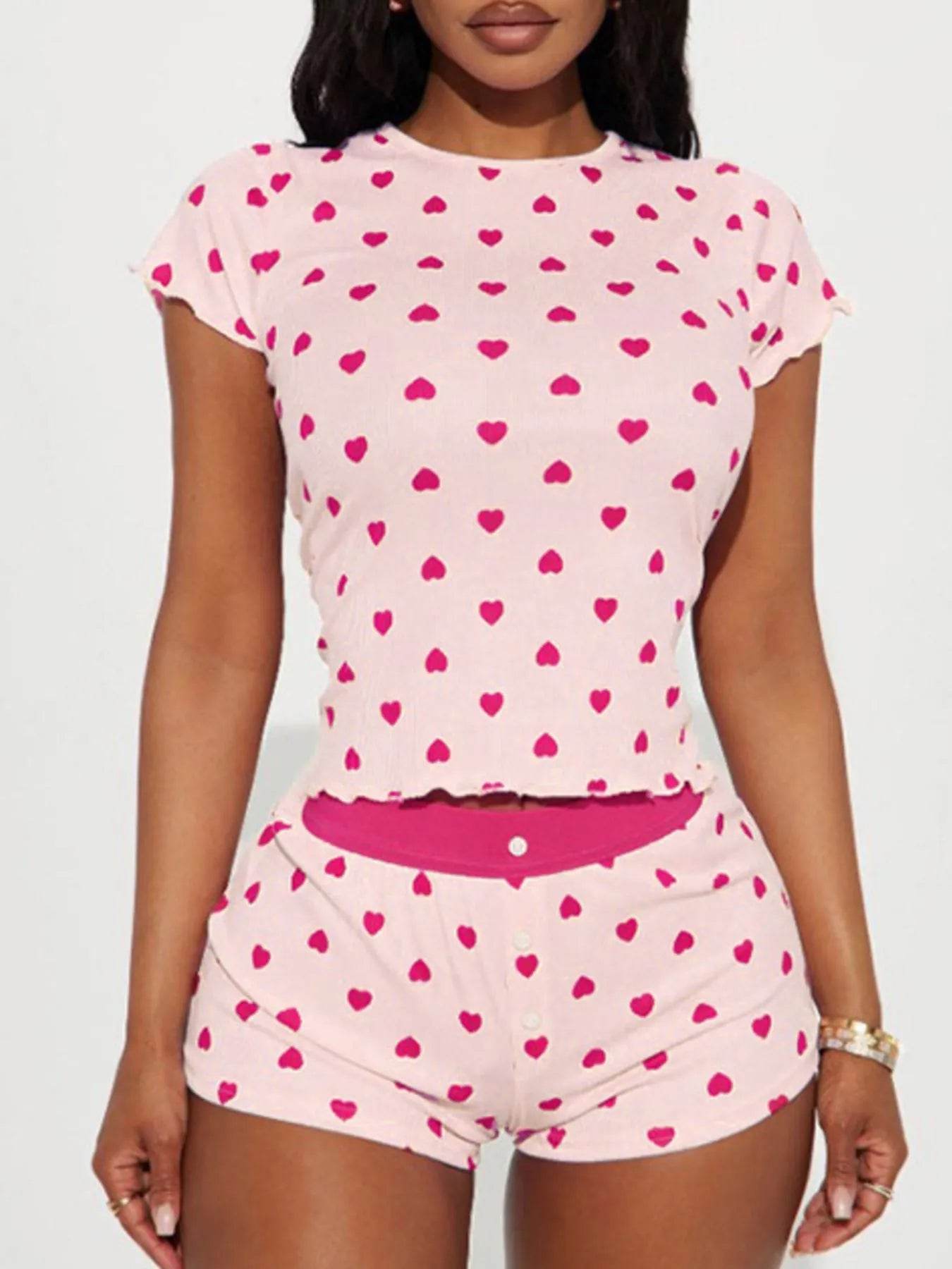 Heart Print Top and Shorts Loungewear Set - Byyde