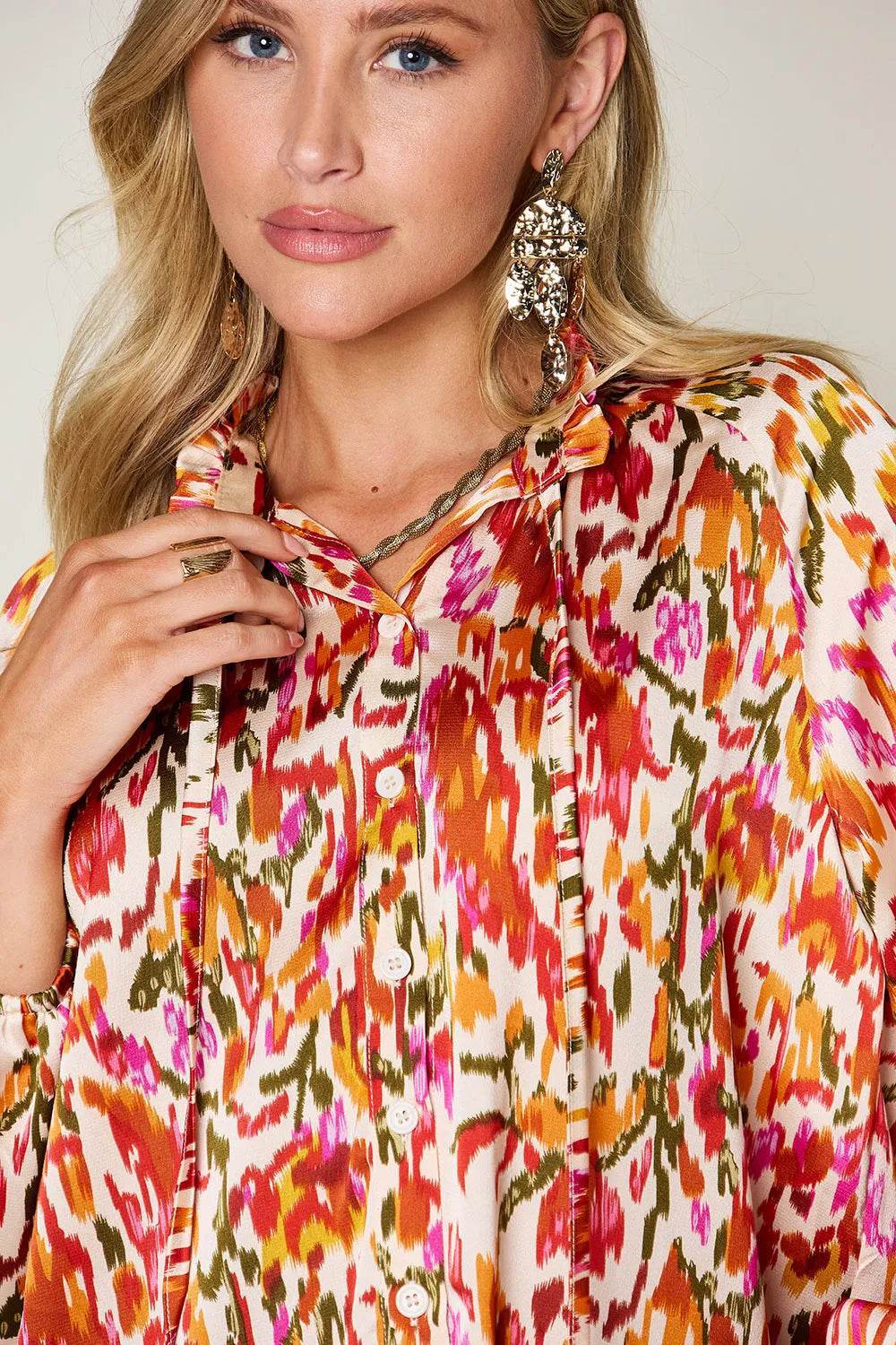 Double Take Full Size Printed Button Up Long Sleeve Shirt - Byyde