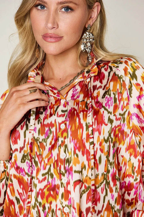 Double Take Full Size Printed Button Up Long Sleeve Shirt - Byyde
