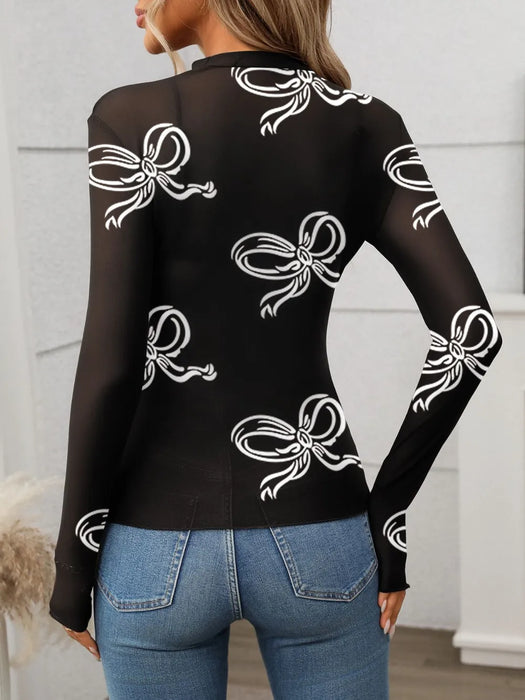 Printed Mock Neck Long Sleeve Mesh T-Shirt - Byyde