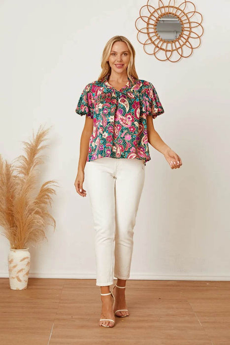 Floral Collared Neck Short Sleeve Blouse - Byyde