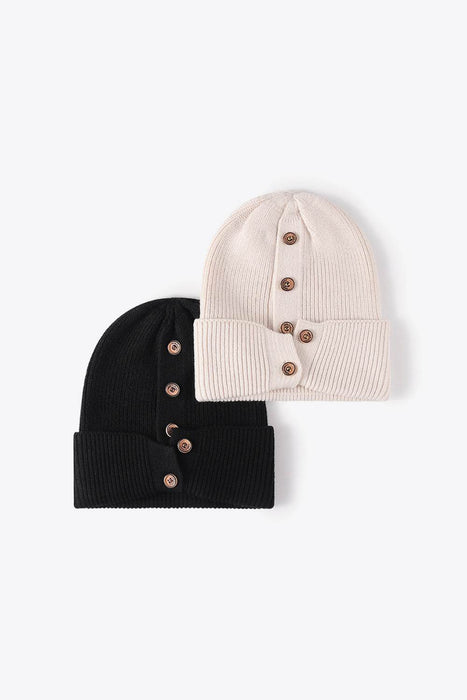 Button Detail Rib-Knit Cuff Beanie - Byyde