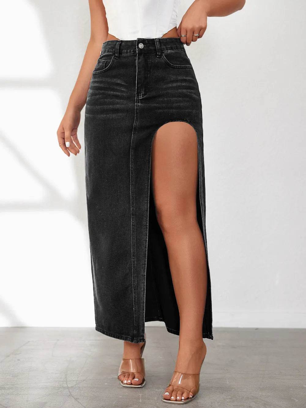 High Rise Slit Denim Skirt - Byyde